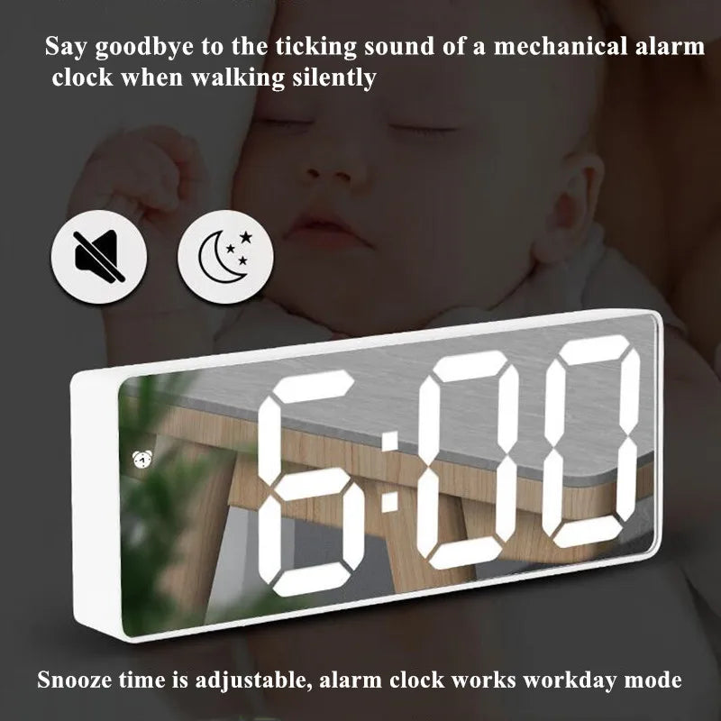 Sleek LED Mirror Alarm Clock – Minimalist Digital Display with Voice Control & Night Mode