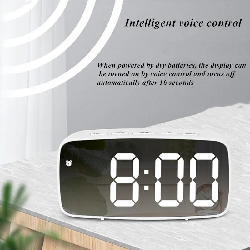 Sleek LED Mirror Alarm Clock – Minimalist Digital Display with Voice Control & Night Mode
