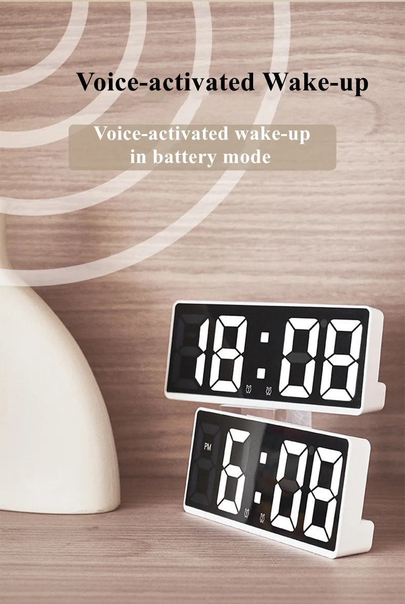 Sleek LED Mirror Alarm Clock – Minimalist Digital Display with Voice Control & Night Mode
